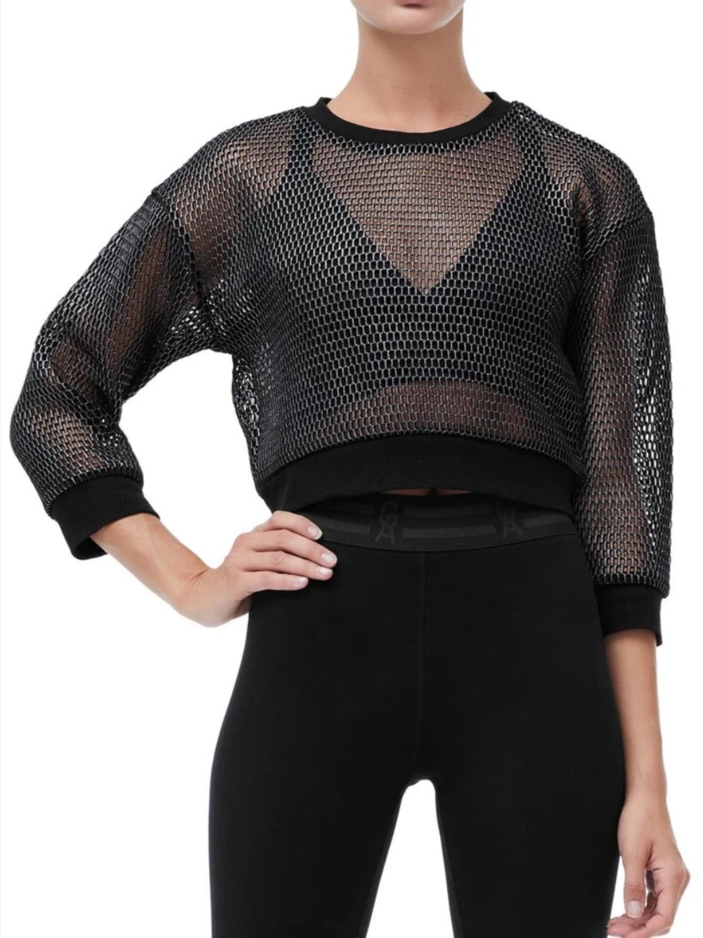 Good American Black Mesh Top, size 3, cropped, 3/4 sleeve AS IS